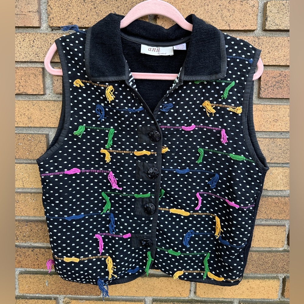 Ani Black Polka Dot Vest with Colorful Embroidery